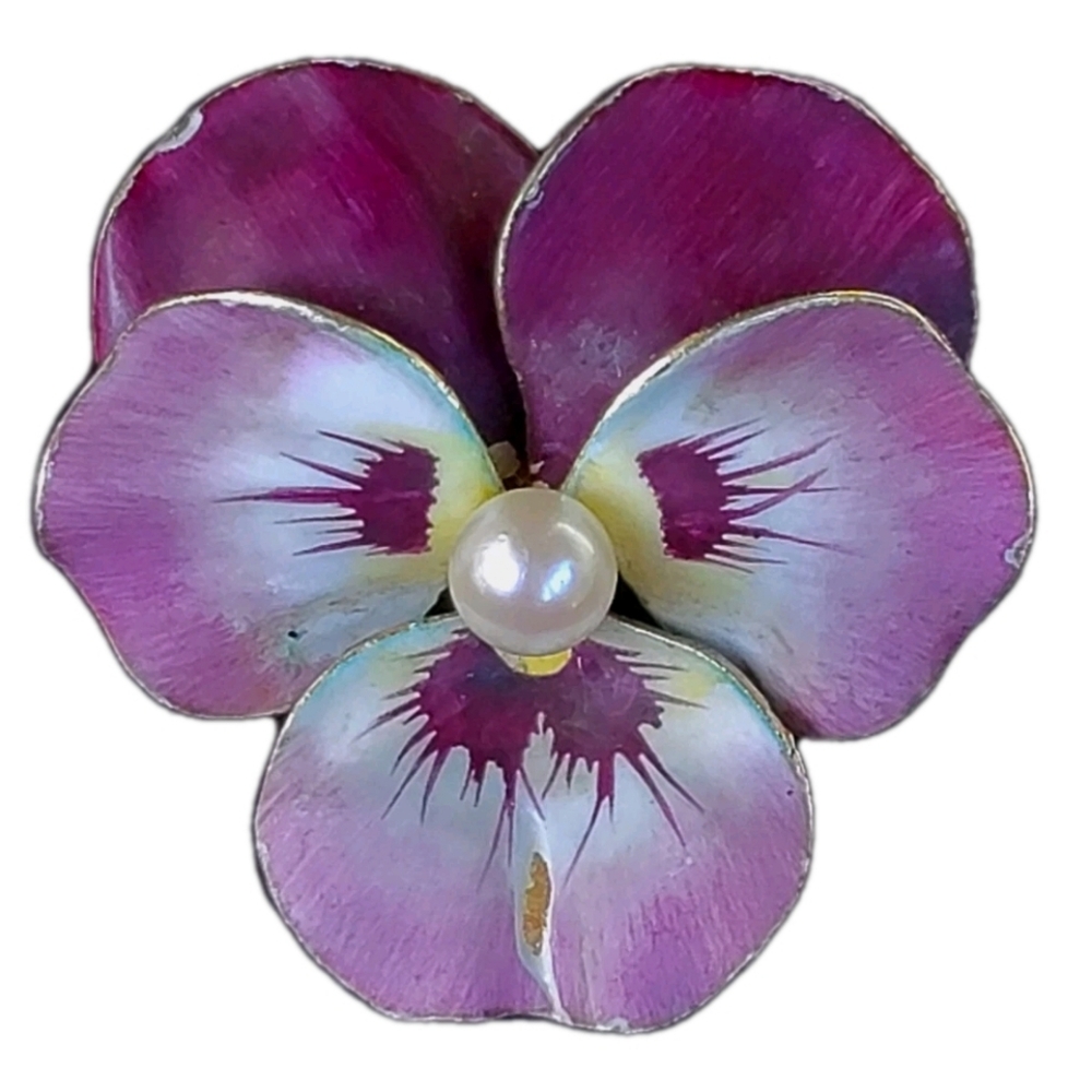 Antique 14K Solid Gold Brooch Pearl Pansy Pink Enamel Estate Floral Pin